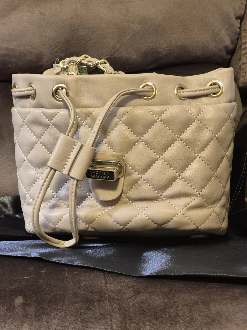 Badgley Mischka Quilted Drawstring Backpack - Taupe
